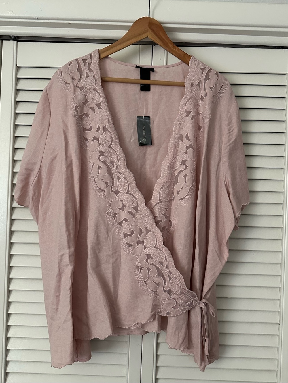 NWT Lane Bryant Blush Pink Linen Blend Lace-Trim Wrap Top